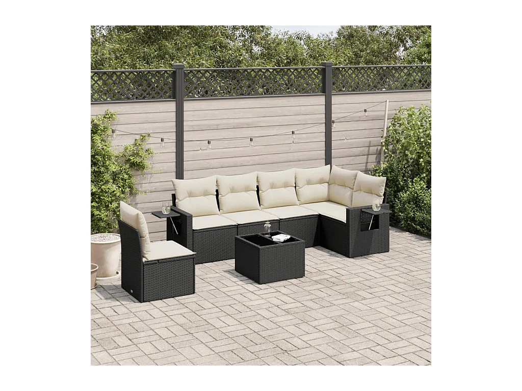 Salon de jardin 7 pièces avec coussins noir résine tressée