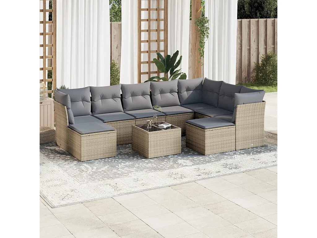 Juego de sofás jardín con cojines beige 10 piezas ratán sintético
