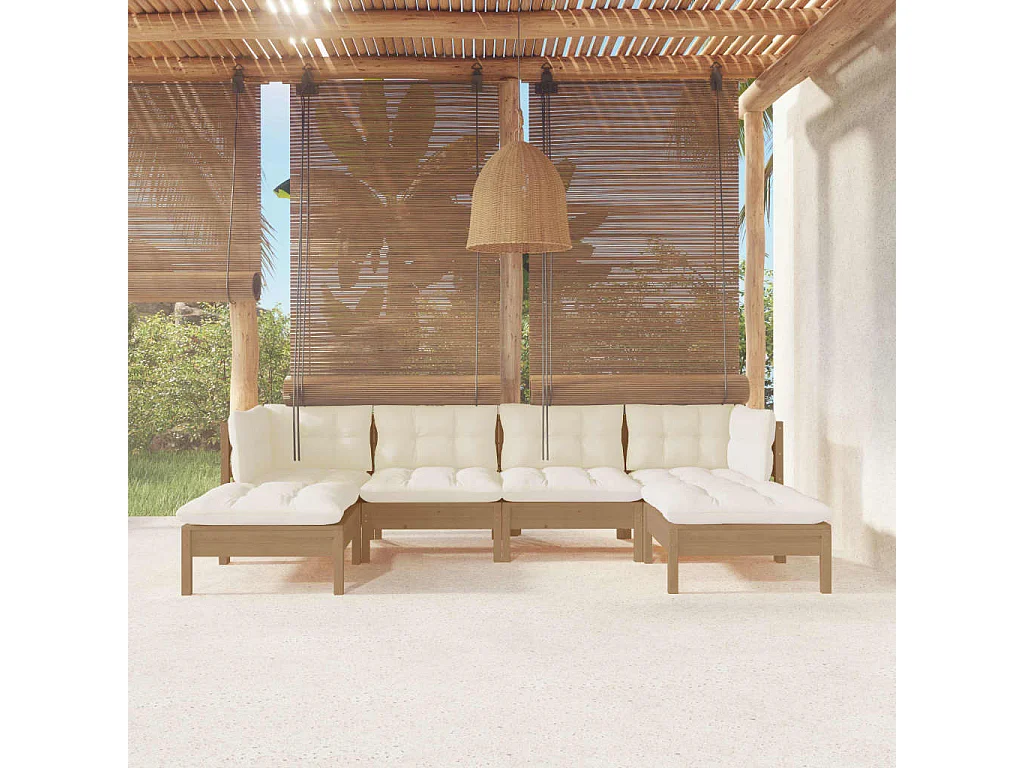 6peças conj. lounge jardim + almofadões pinho maciço castanho-mel