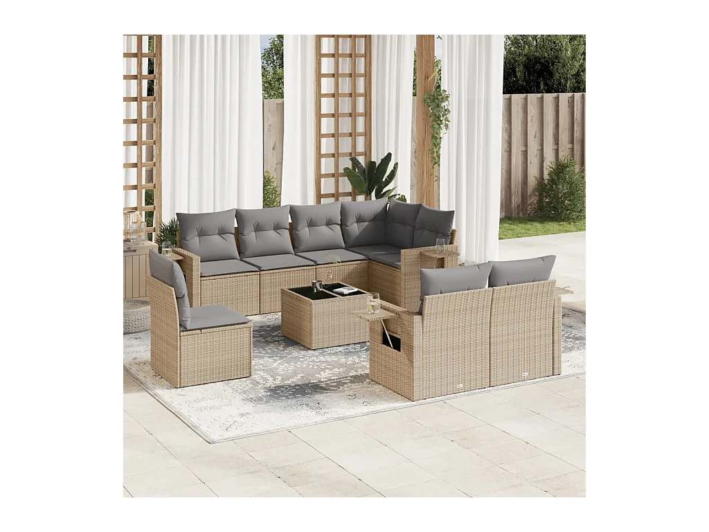Salon de jardin avec coussins 9 pièces beige résine tressée
