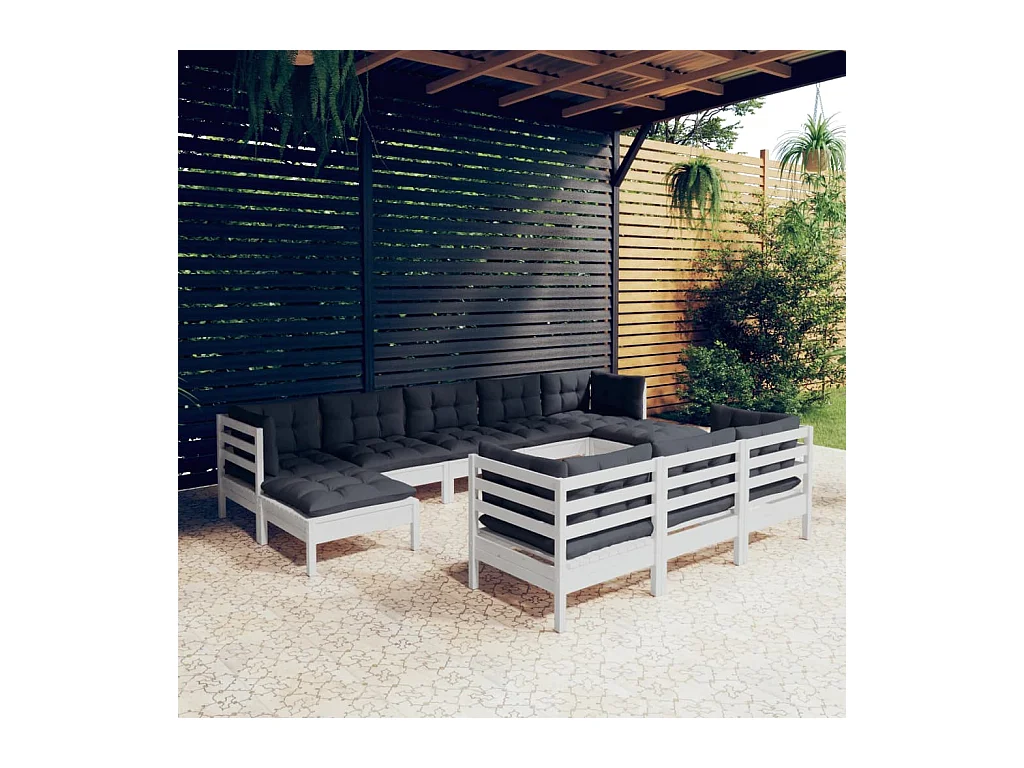 Salon de jardin 10 pièces avec coussins blanc bois de pin solide