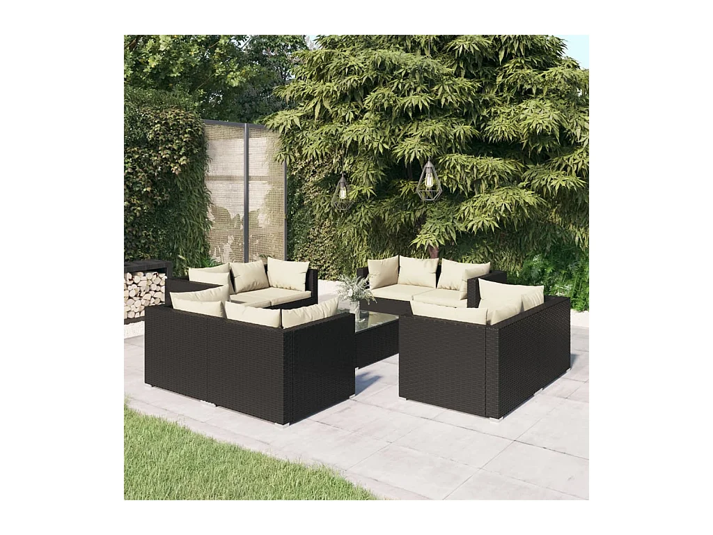 Salon de jardin 9 pièces avec coussins Résine tressée Noir