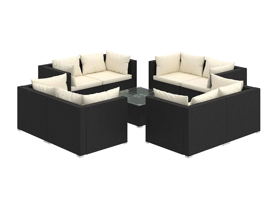 Salon de jardin 9 pièces avec coussins Résine tressée Noir