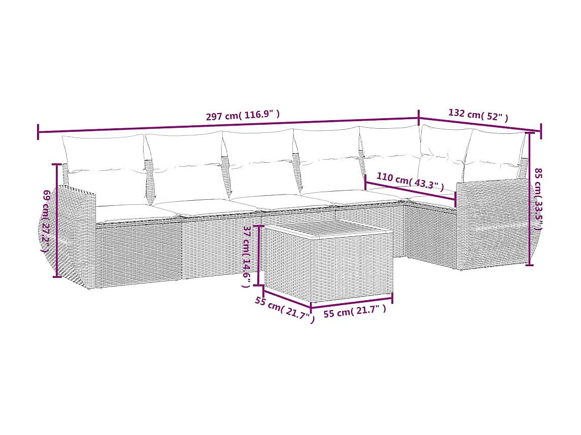 7-delige Loungeset met kussens poly rattan beige