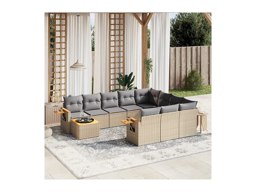 Salon de jardin 11 pièces avec coussins beige résine tressée