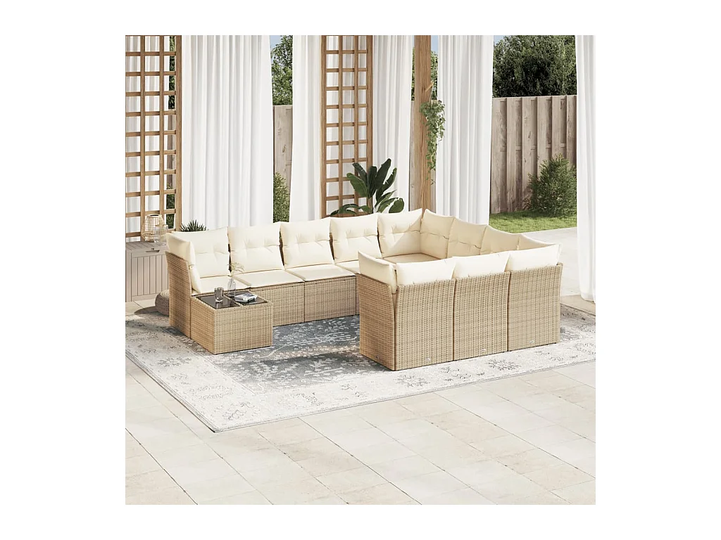 Salon de jardin 11 pièces avec coussins beige résine tressée
