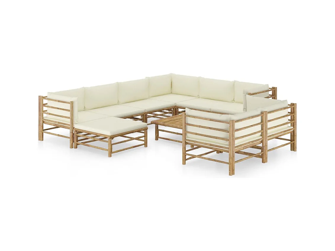 Salon de jardin 10 pièces avec coussins blanc crème Bambou