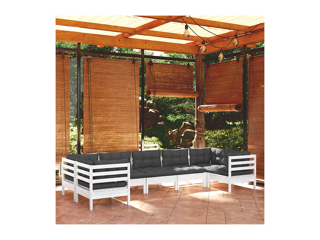 Salon de jardin 7 pièces avec coussins blanc bois de pin