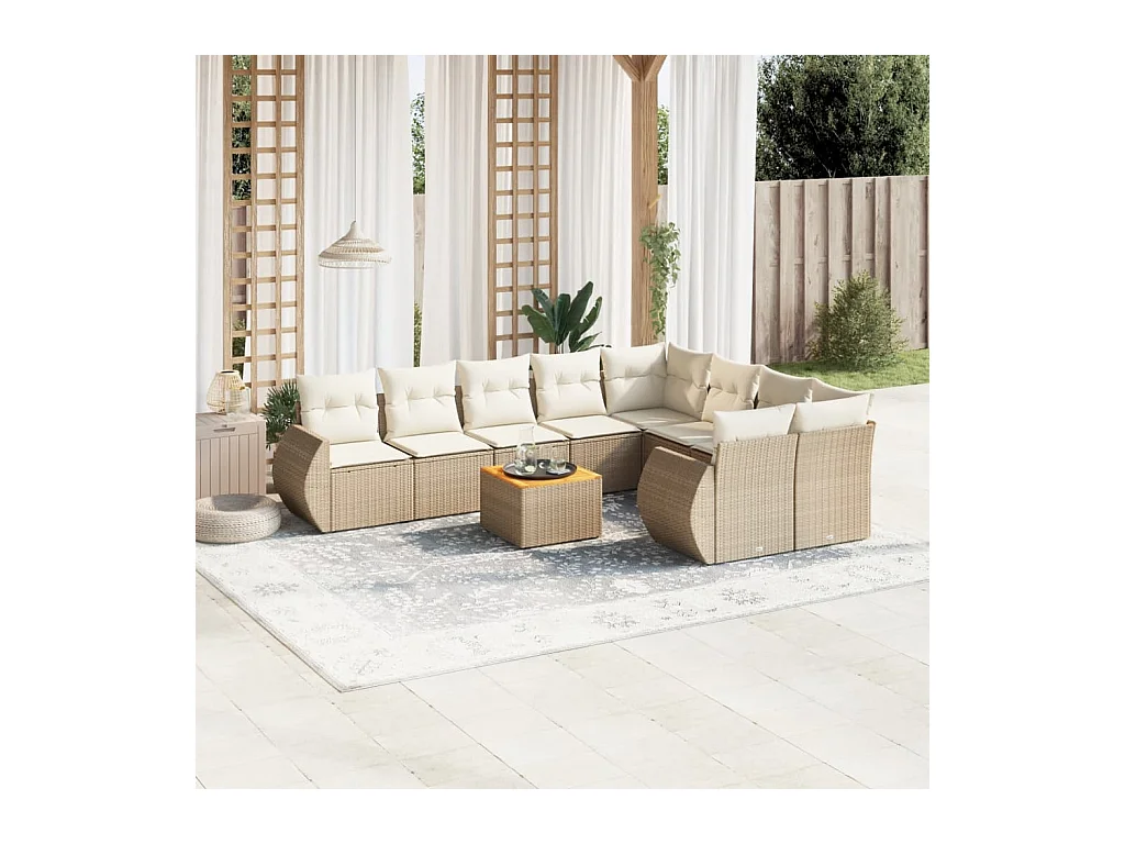 10-delige Loungeset met kussens poly rattan beige