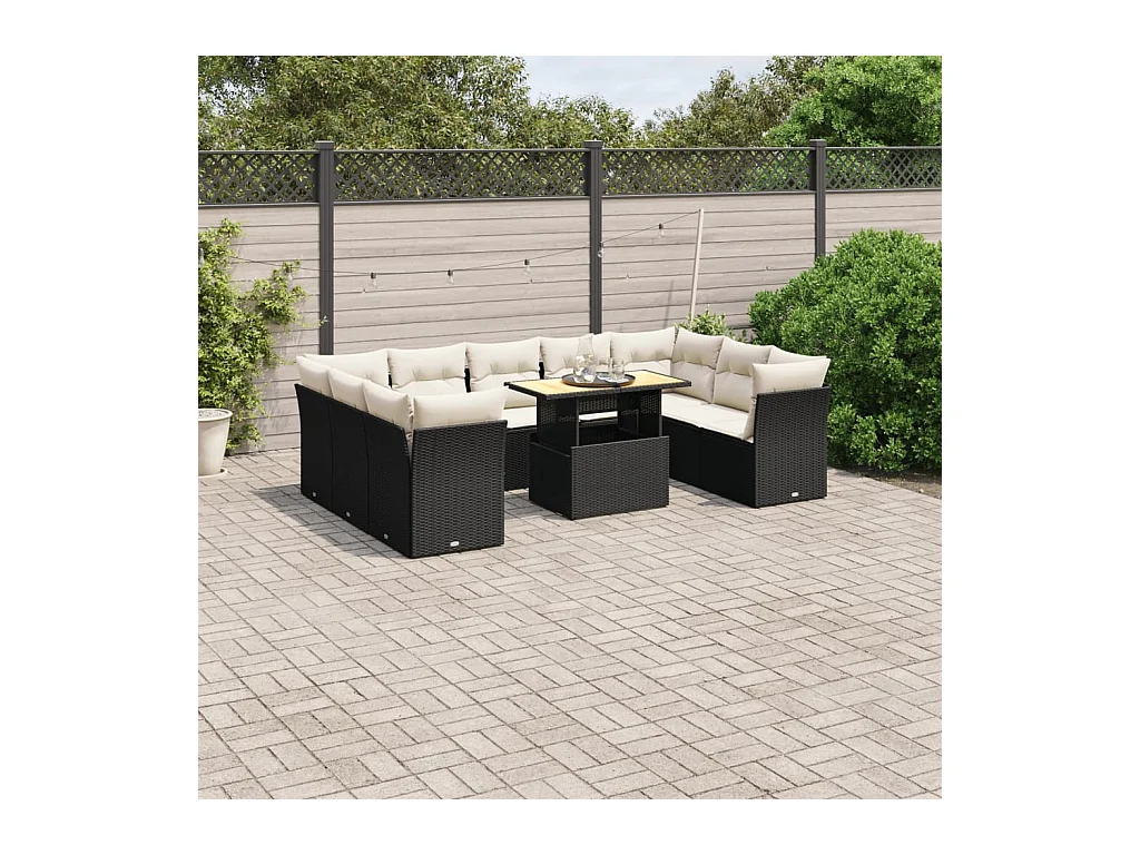 10 peças conjunto sofás de jardim c/ almofadões vime PE preto