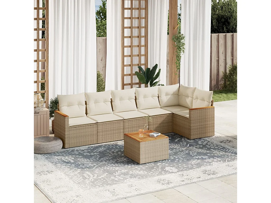 Set sofás de jardín 7 piezas y cojines ratán sintético beige
