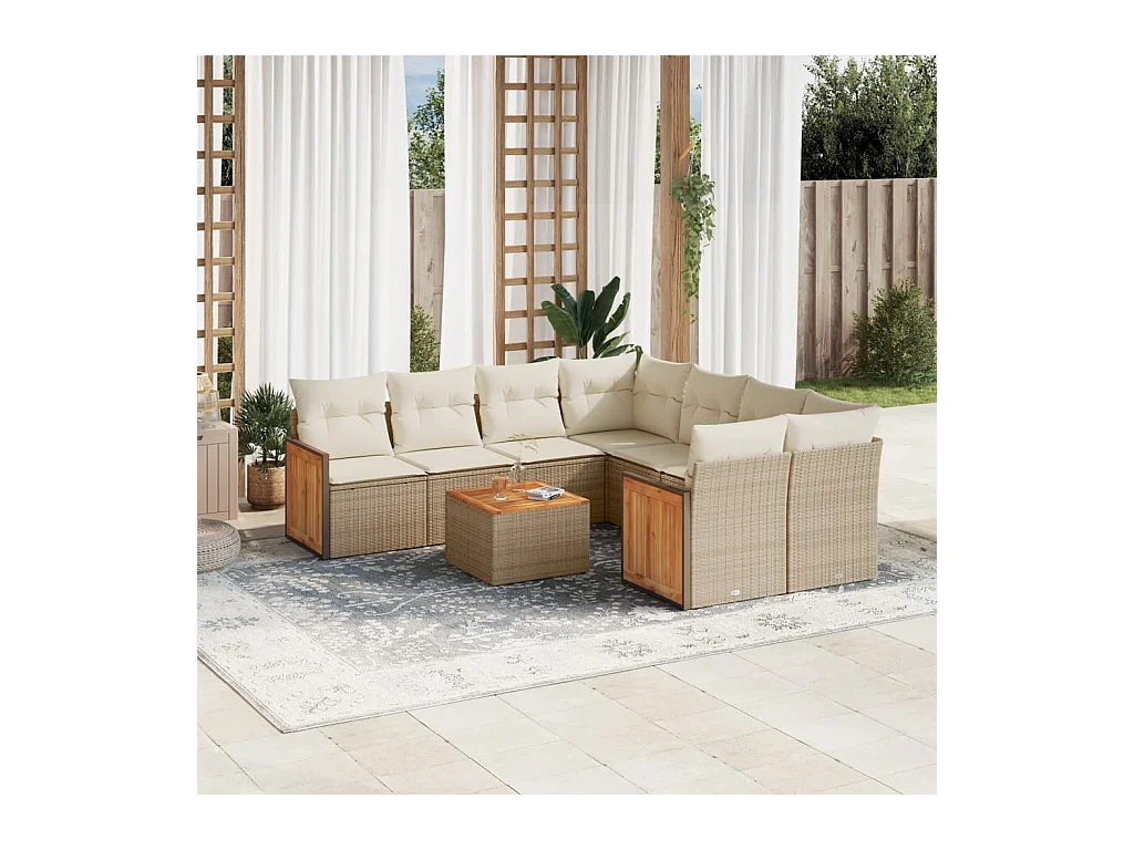 Set de sofás de jardín 9 piezas con cojines ratán sintético beige