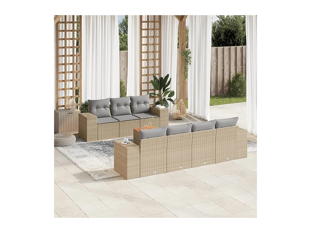 8-delige Loungeset met kussens poly rattan beige