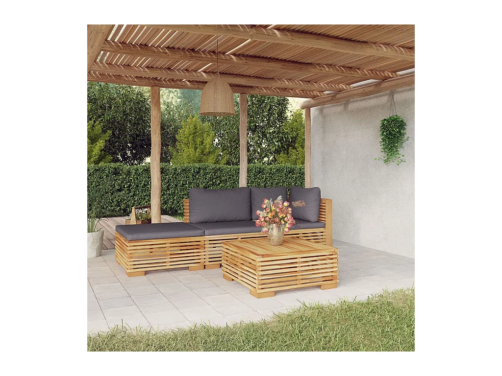 Salon de jardin 4 pièces avec coussins Bois de teck solide
