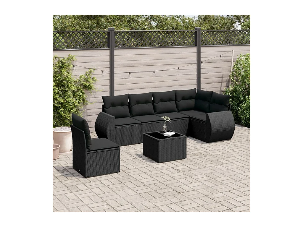 Salon de jardin 7 pièces avec coussins noir résine tressée