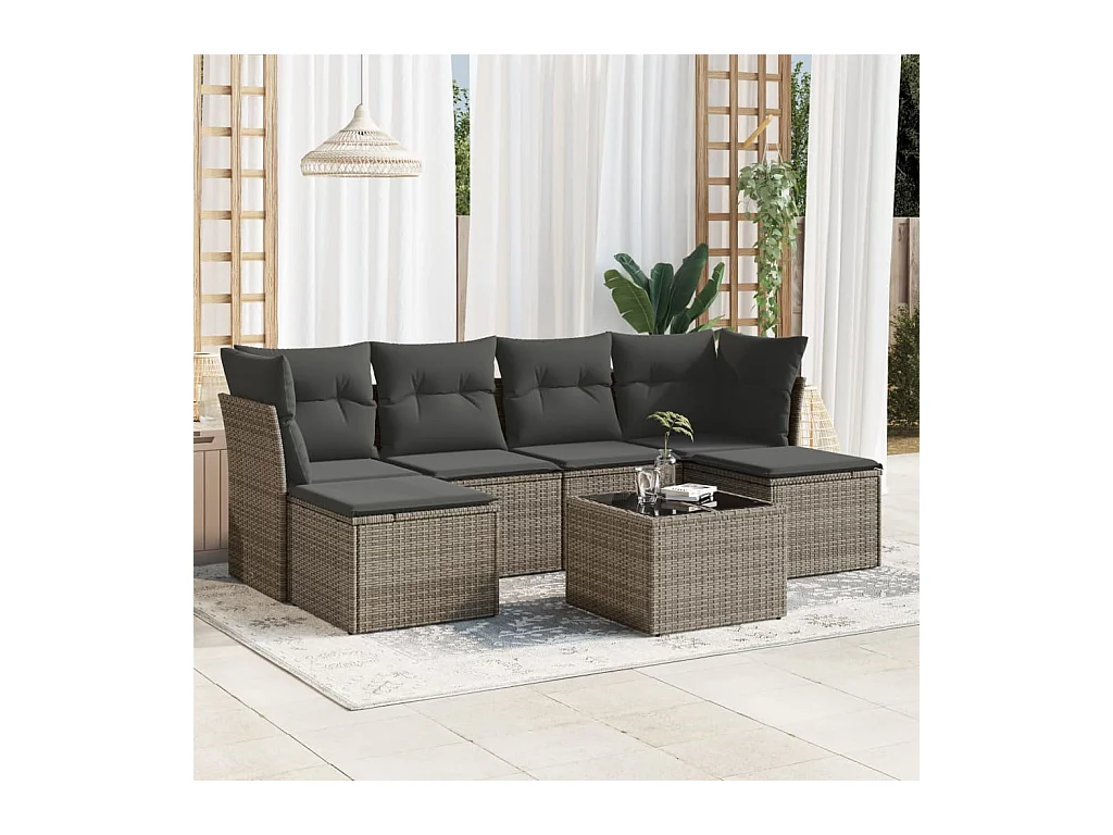 Salon de jardin avec coussins 7 pièces gris résine tressée