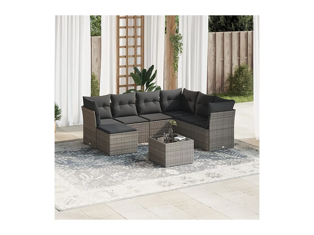 Salon de jardin 8 pièces avec coussins gris résine tressée