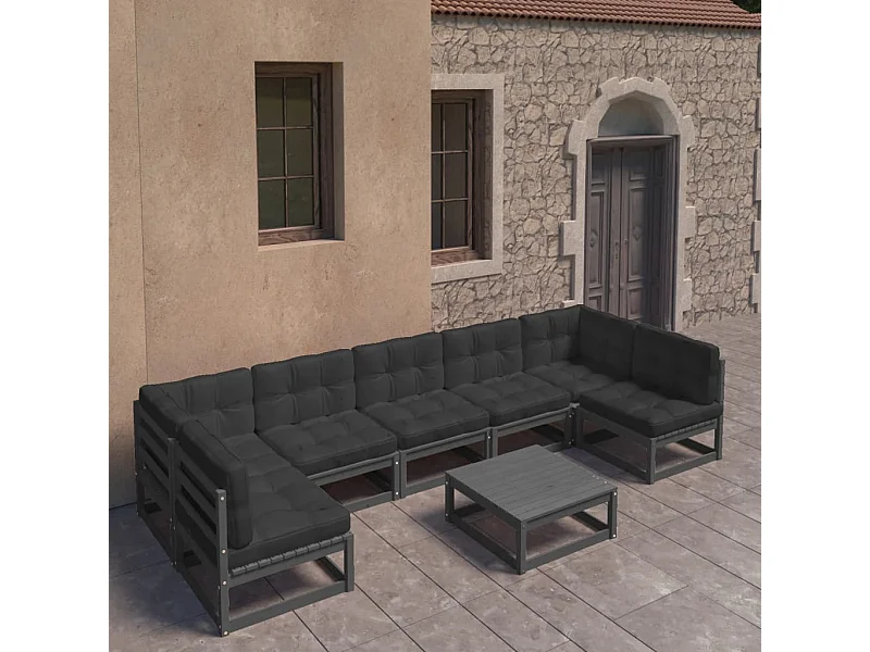 Set de muebles de jardín 8 piezas con cojines madera pino negro