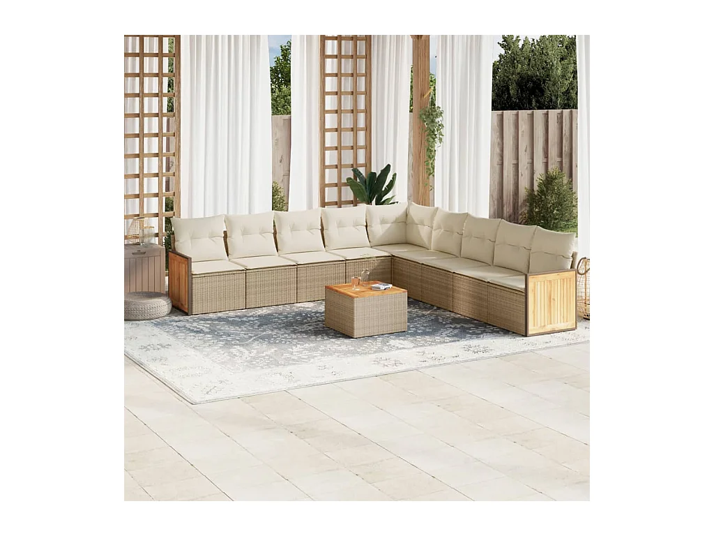 Salon de jardin avec coussins 10 pièces beige résine tressée