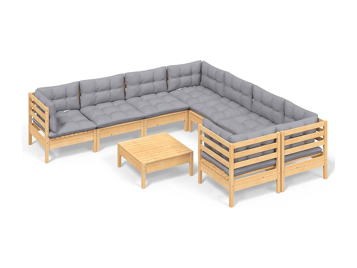 9 peças conjunto lounge de jardim c/ almofadões cinzentos pinho