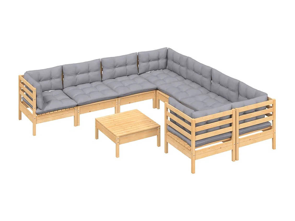 9 peças conjunto lounge de jardim c/ almofadões cinzentos pinho