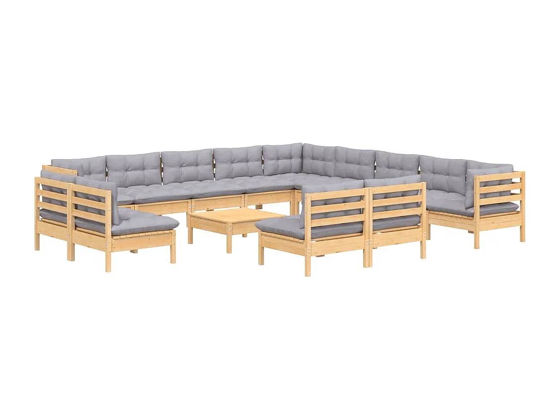 Salon de jardin 14 pièces avec coussins gris Bois de pin solide