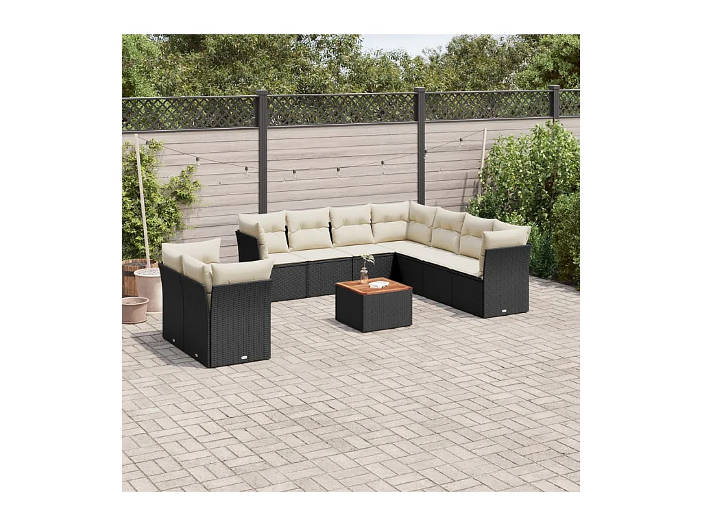 Salon de jardin 10 pièces avec coussins noir résine tressée