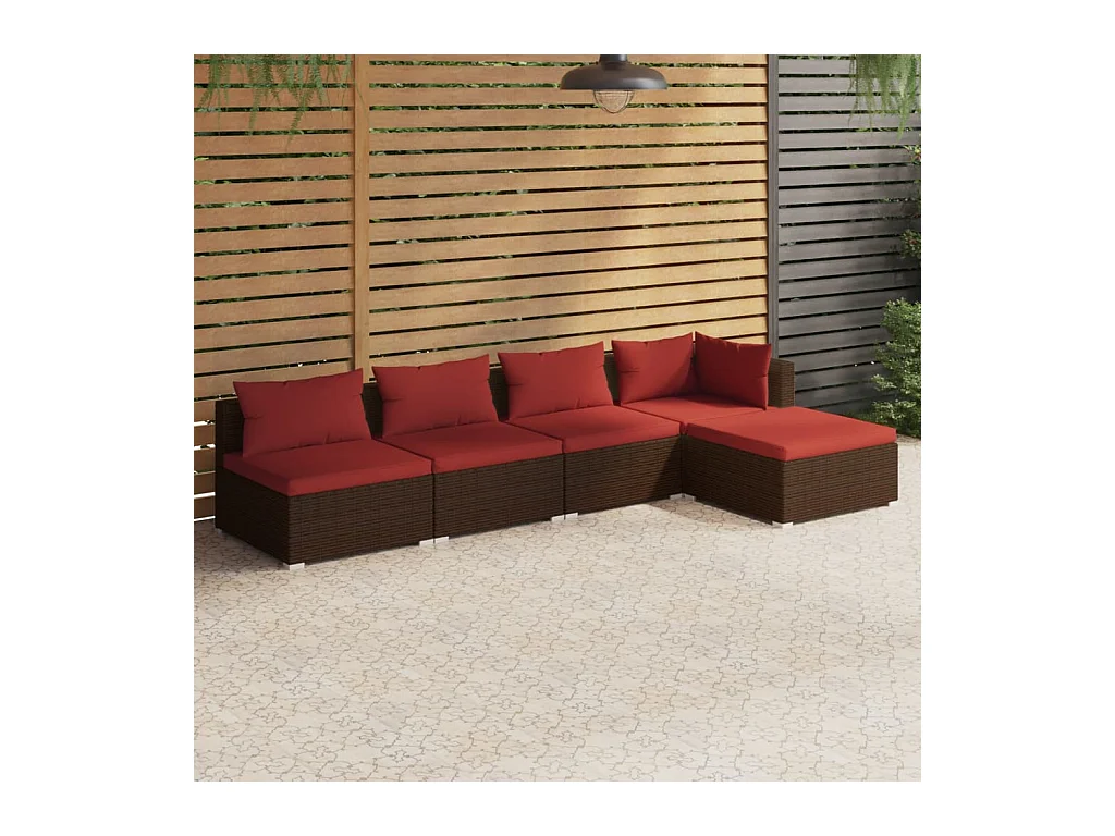 Salon de jardin 5 pièces avec coussins résine tressée marron