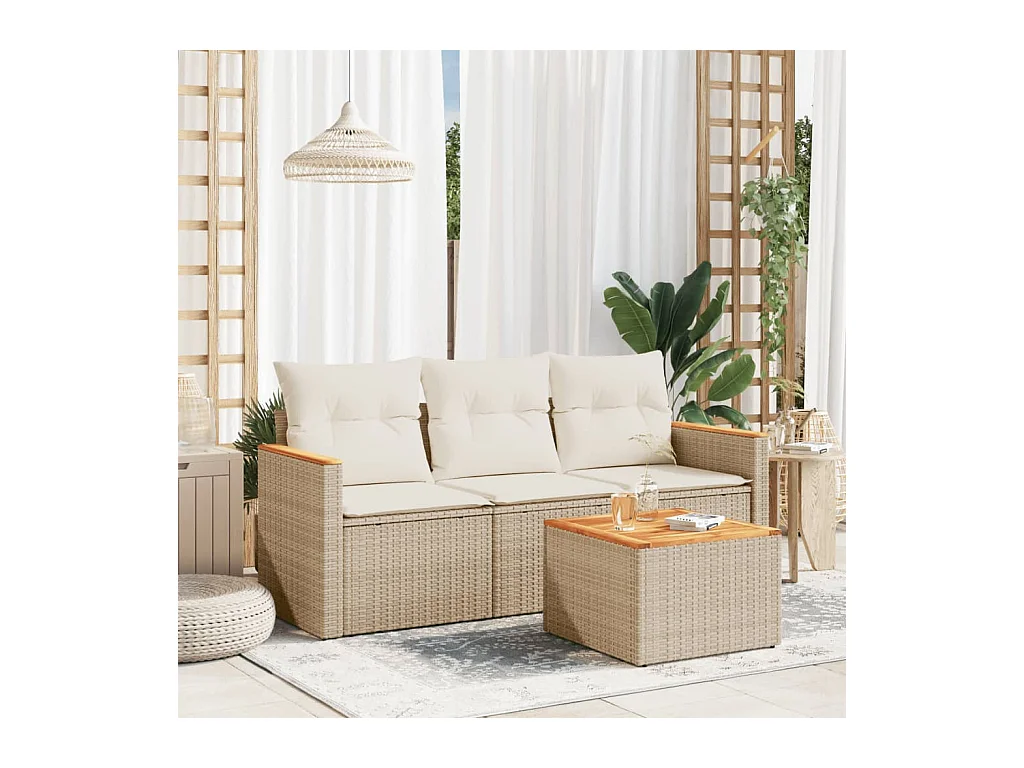 Salon de jardin avec coussins 4 pièces beige résine tressée