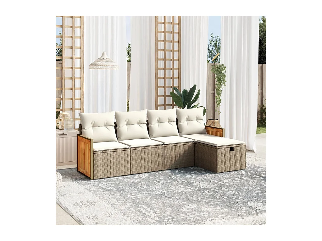 Salon de jardin avec coussins 5 pièces beige résine tressée