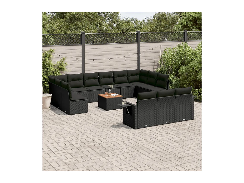Salon de jardin avec coussins 14 pièces noir résine tressée