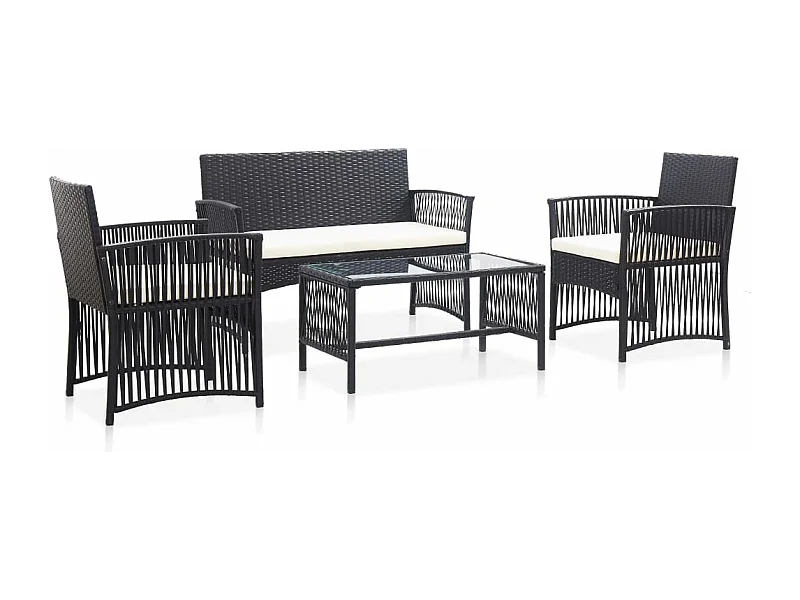 4 peças conjunto lounge de jardim c/ almofadões vime PE preto