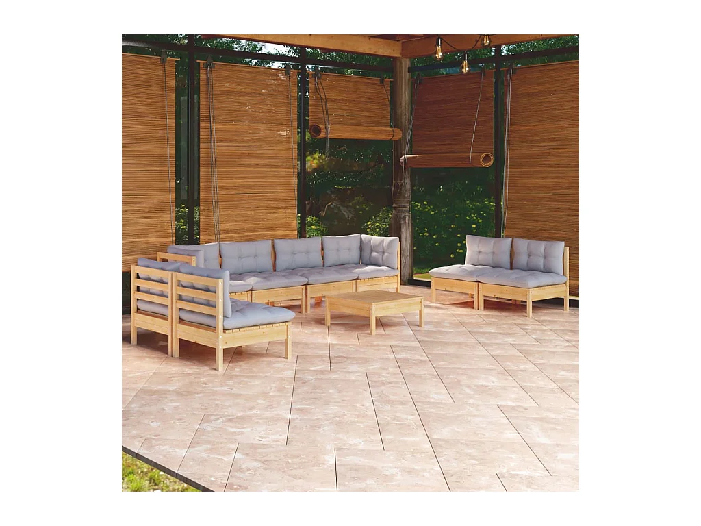 Salon de jardin 9 pièces avec coussins gris bois de pin massif