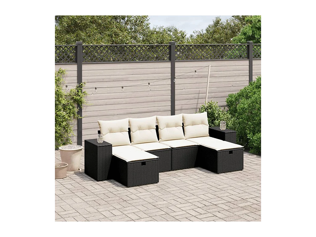 Set de sofás de jardín 6 piezas y cojines ratán sintético negro