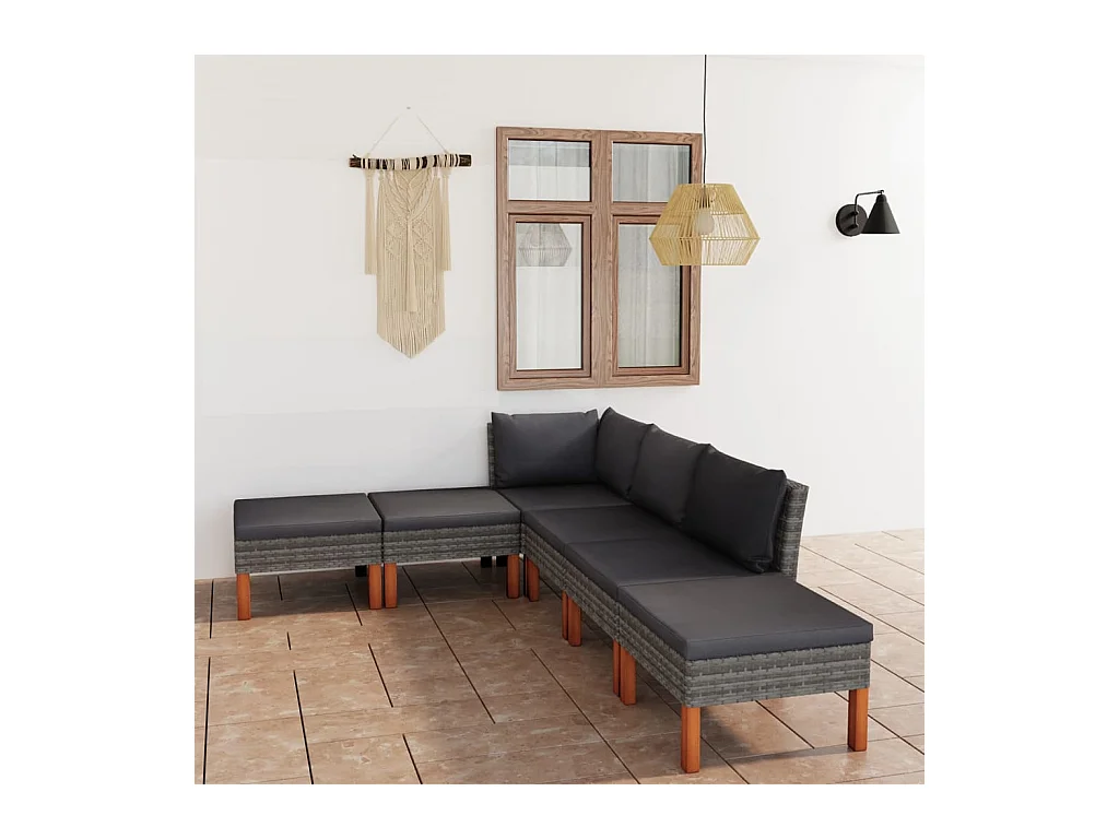 Salon de jardin 6 pièces avec coussins Résine tressée Gris