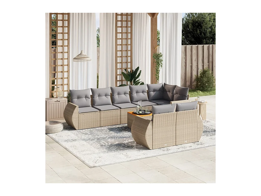 Salon de jardin avec coussins 9 pièces beige résine tressée