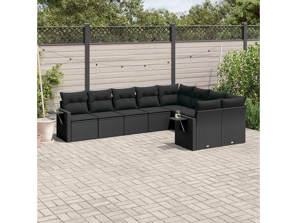 9-delige Loungeset met kussens poly rattan zwart