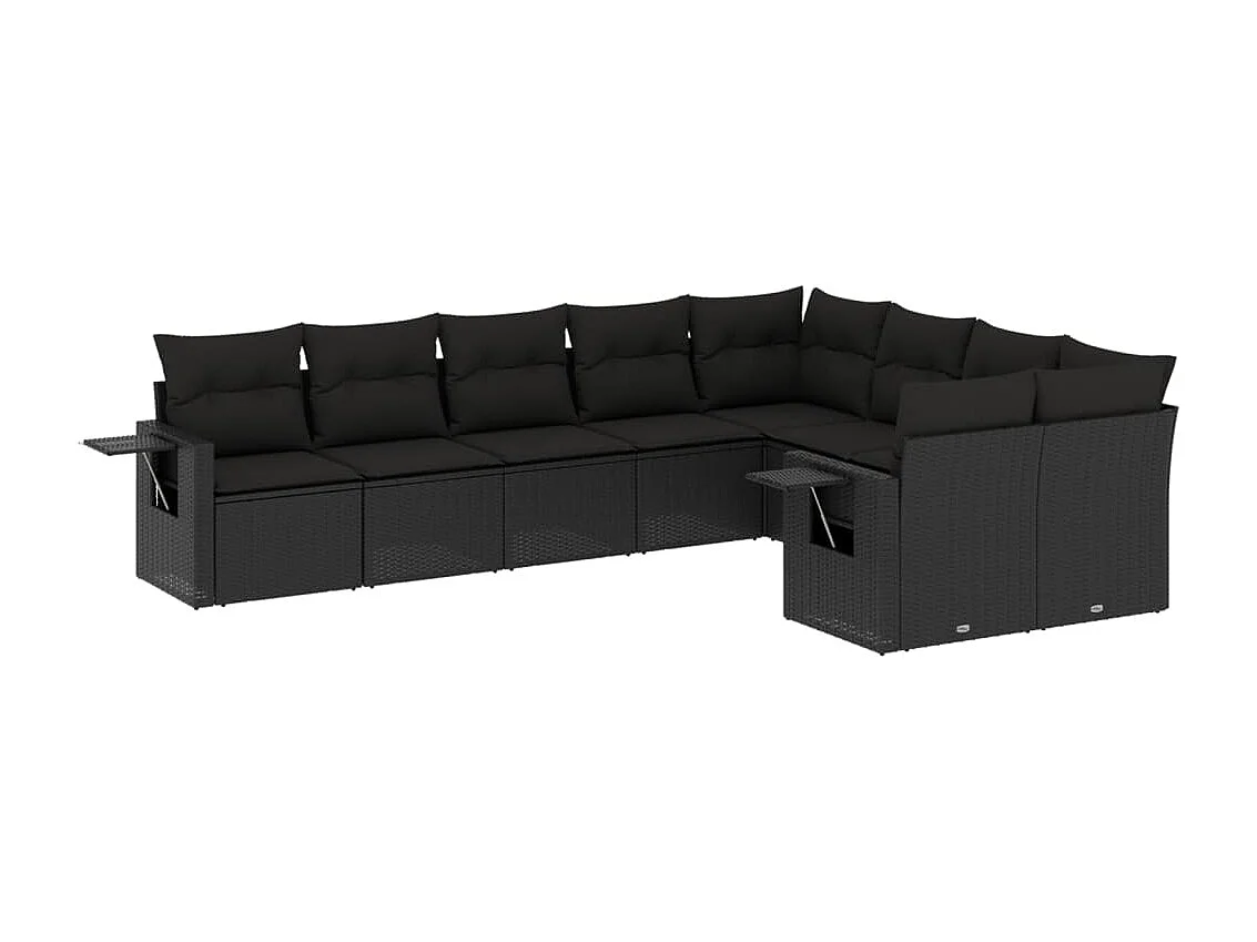 9-delige Loungeset met kussens poly rattan zwart