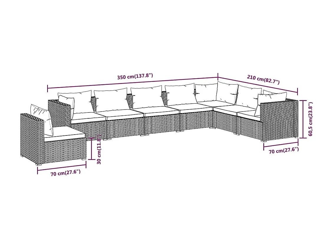 8-delige Loungeset met kussens poly rattan bruin