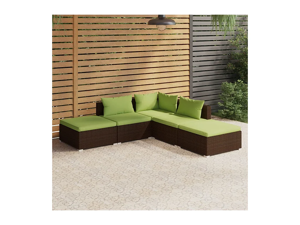 Salon de jardin 5 pièces avec coussins résine tressée marron