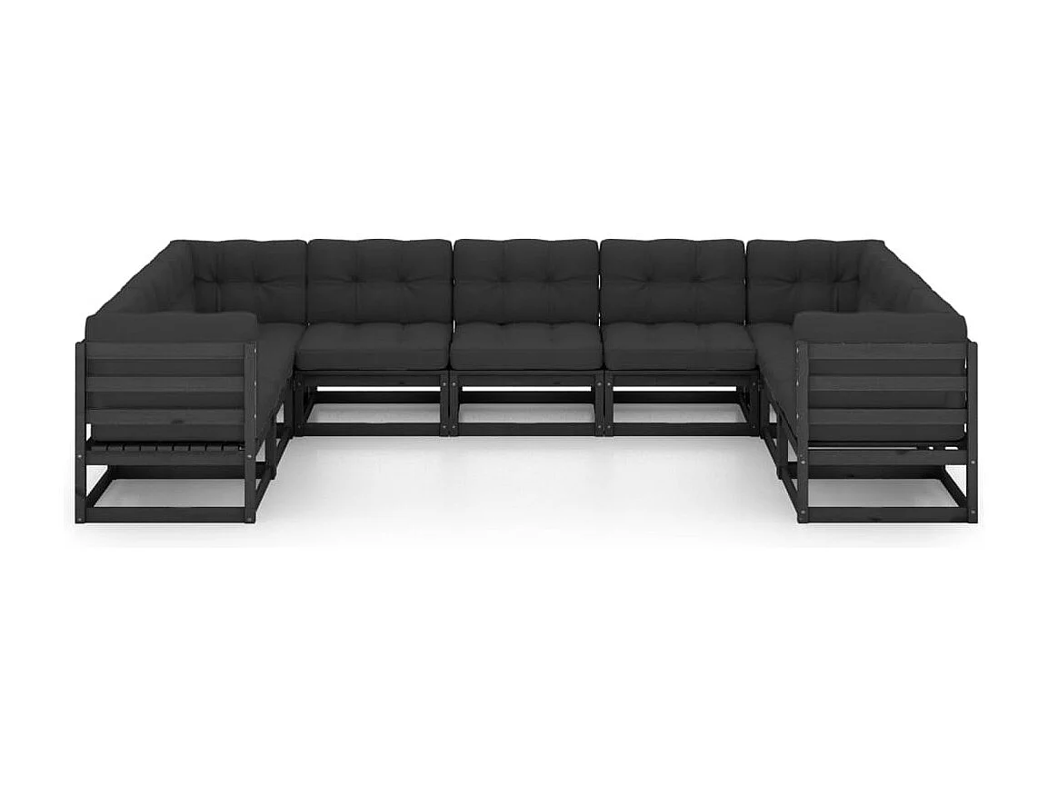 Salon de jardin 9 pièces avec coussins noir bois de pin massif