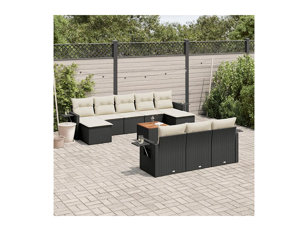 11-delige Loungeset met kussens poly rattan zwart