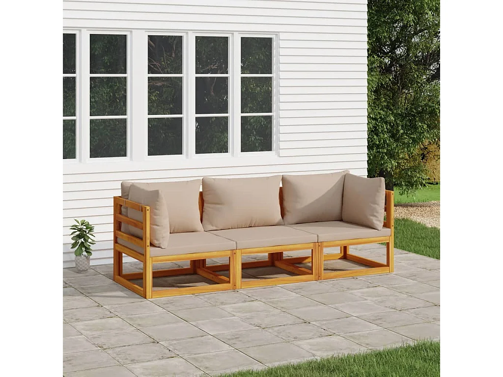 Salon de jardin 3 pièces avec coussins taupe bois massif