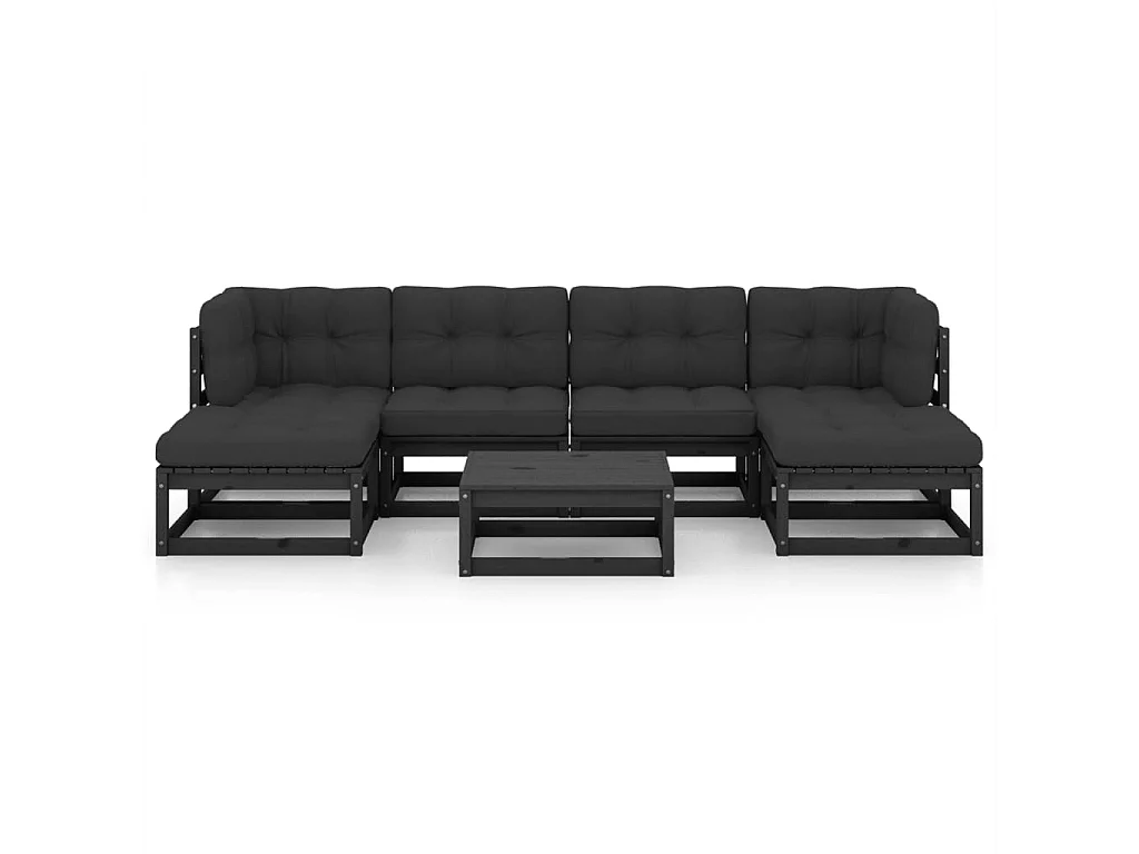 Salon de jardin 7 pièces avec coussins Noir Bois de pin massif