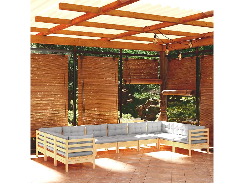 Salon de jardin 10 pièces avec coussins gris bois de pin