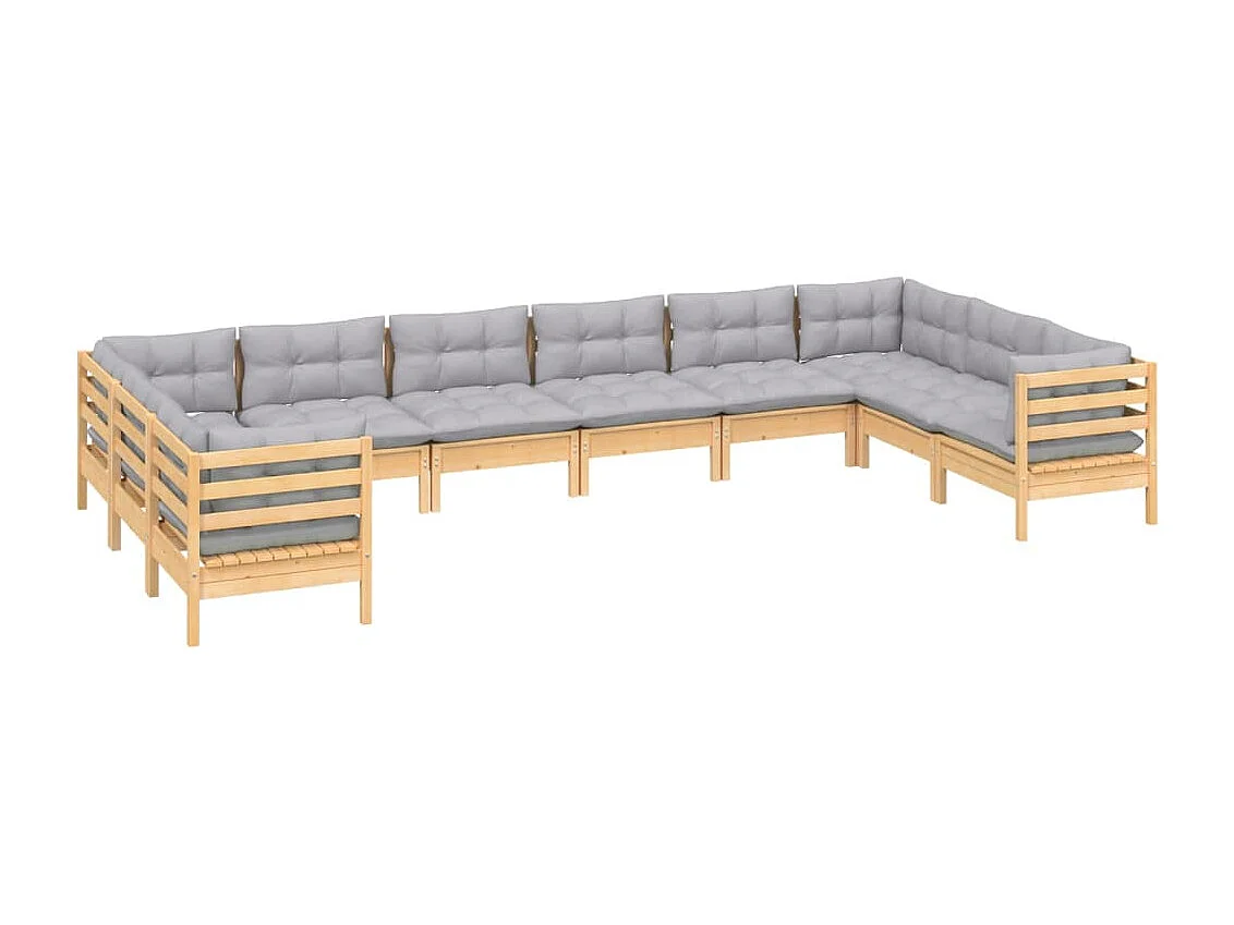 Salon de jardin 10 pièces avec coussins gris bois de pin