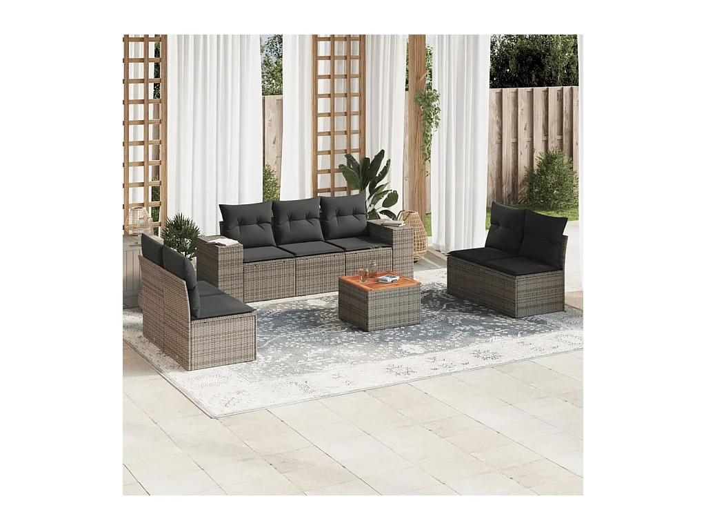 Salon de jardin 8 pièces avec coussins gris résine tressée