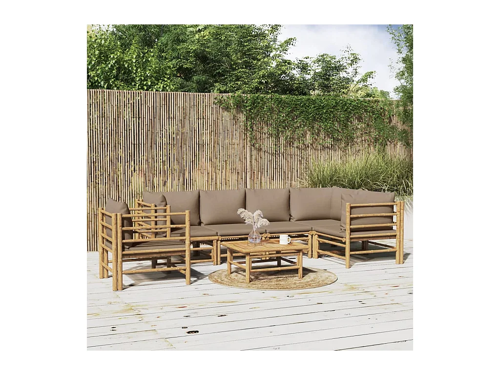 Salon de jardin 7 pièces avec coussins taupe bambou