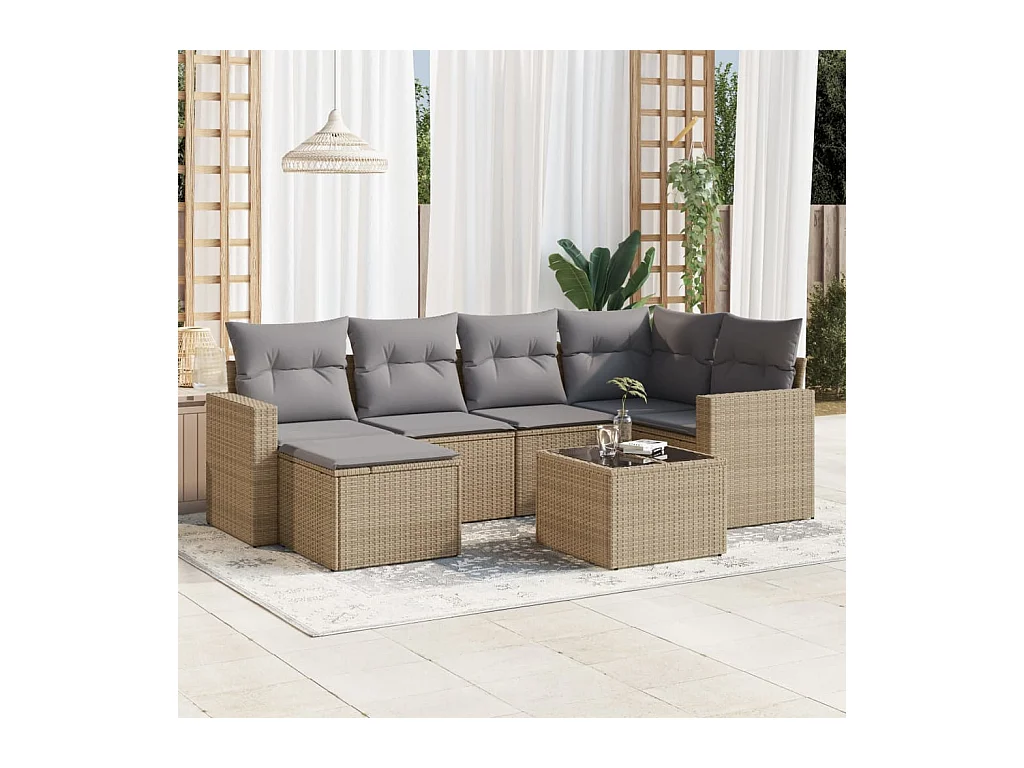 Set sofás de jardín 7 piezas y cojines ratán sintético beige