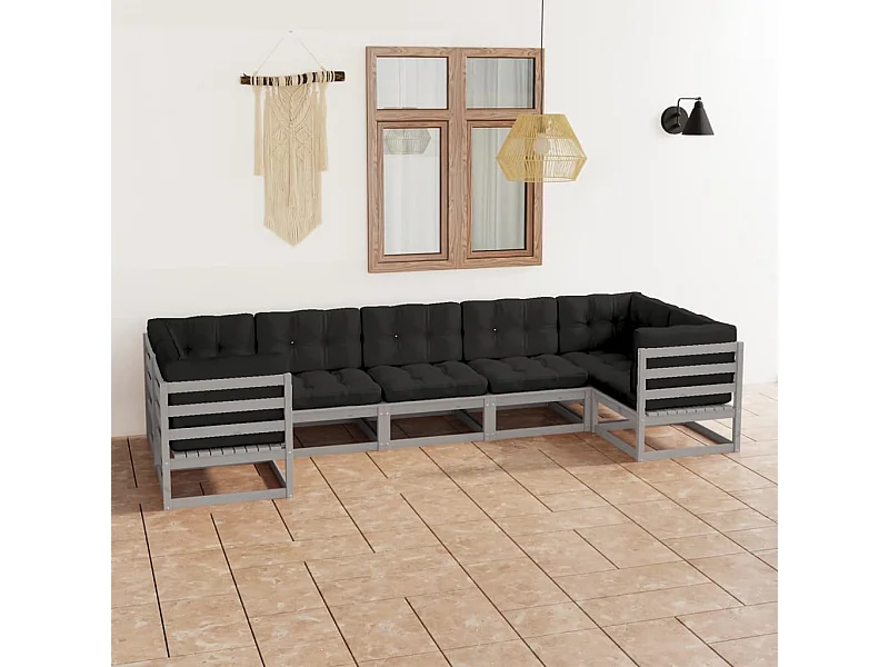 Set de muebles de jardín 7 piezas con cojines madera pino gris